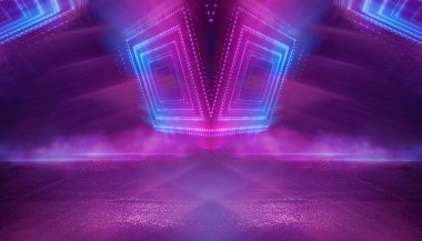 Soyut neon fütüristik arka plan. Işık ışınlarının bozulması. Karanlık fütüristik sahne, duman, sis, ışınlar ve çizgiler. İllüzyon fantastik, neon arka plan, tünel. Neon ışıkları olan karanlık sokak sahnesi. 