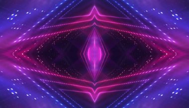 Soyut neon fütüristik arka plan. Işık ışınlarının bozulması. Karanlık fütüristik sahne, duman, sis, ışınlar ve çizgiler. İllüzyon fantastik, neon arka plan, tünel. Neon ışıkları olan karanlık sokak sahnesi. 