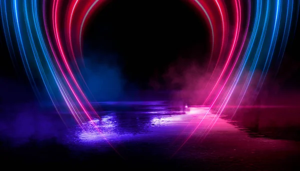 Abstract neon futuristic background. Distortion of light rays. Dark futuristic scene, smoke, smog, rays and lines. Illusion fantastic, neon background, tunnel. Dark street scene with neon lights.