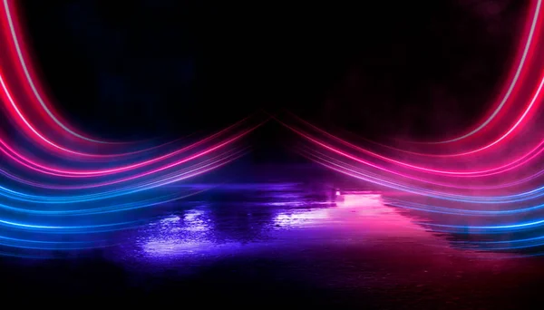 Abstract neon futuristic background. Distortion of light rays. Dark futuristic scene, smoke, smog, rays and lines. Illusion fantastic, neon background, tunnel. Dark street scene with neon lights.