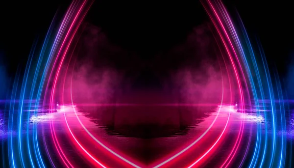 Abstract neon futuristic background. Distortion of light rays. Dark futuristic scene, smoke, smog, rays and lines. Illusion fantastic, neon background, tunnel. Dark street scene with neon lights.