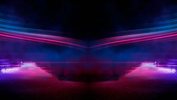 Abstrakter Neonfuturistischer Hintergrund Verzerrung Der Lichtstrahlen Dunkle Futuristische Szenerie Rauch — Stockfoto