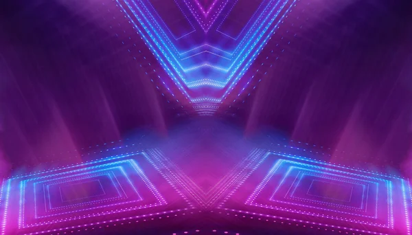 Abstrakt Neon Futuristisk Bakgrund Snedvridning Ljusstrålar Mörk Futuristisk Scen Rök — Stockfoto