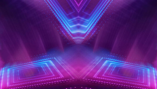 Абстрактный неоновый футуристический фон. Искажение световых лучей. Тёмная футуристическая сцена, дым, смог, лучи и линии. Иллюзия фантастическая, неоновый фон, туннель. Темная уличная сцена с неоновыми огнями. 