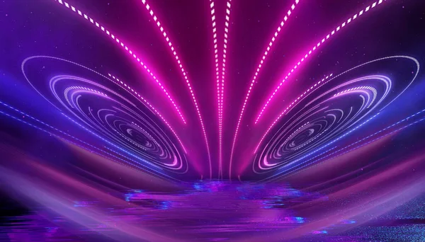 Abstrakt Neon Futuristisk Bakgrund Snedvridning Ljusstrålar Mörk Futuristisk Scen Rök — Stockfoto
