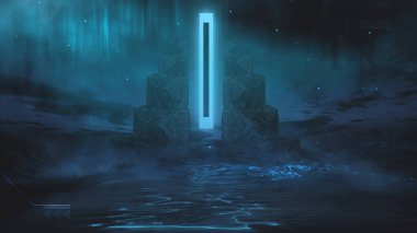 Soyut manzara ve adanın olduğu gelecekteki fantezi gece manzarası, ay ışığı, aydınlık, ay, neon. Suda ışık yansıması olan karanlık doğal bir sahne. Neon uzay galaksisi portalı. 3B illüstrasyon. 