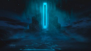 Soyut manzara ve adanın olduğu gelecekteki fantezi gece manzarası, ay ışığı, aydınlık, ay, neon. Suda ışık yansıması olan karanlık doğal bir sahne. Neon uzay galaksisi portalı. 3B illüstrasyon. 