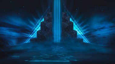 Soyut manzara ve adanın olduğu gelecekteki fantezi gece manzarası, ay ışığı, aydınlık, ay, neon. Suda ışık yansıması olan karanlık doğal bir sahne. Neon uzay galaksisi portalı. 3B illüstrasyon. 