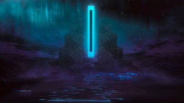 Soyut manzara ve adanın olduğu gelecekteki fantezi gece manzarası, ay ışığı, aydınlık, ay, neon. Suda ışık yansıması olan karanlık doğal bir sahne. Neon uzay galaksisi portalı. 3B illüstrasyon. 