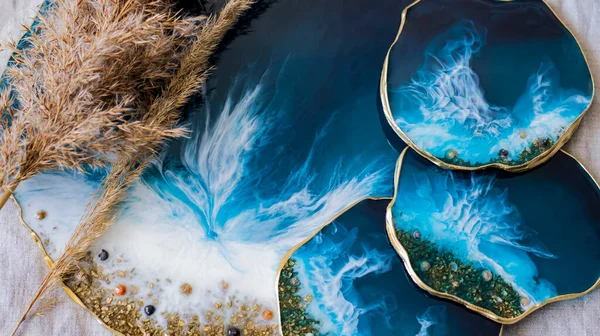 Držák Kelímky Epoxidový Pryskyřičný Podnos Broušený Mořsku Modré Skvrny Barvy — Stock fotografie
