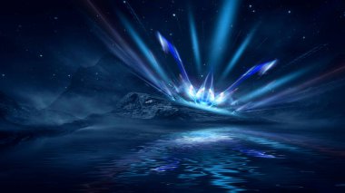 Soyut manzara ve adanın olduğu gelecekteki fantezi gece manzarası, ay ışığı, aydınlık, ay, neon. Suda ışık yansıması olan karanlık doğal bir sahne. Neon uzay galaksisi portalı. 3B illüstrasyon. 