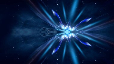 Soyut manzara ve adanın olduğu gelecekteki fantezi gece manzarası, ay ışığı, aydınlık, ay, neon. Suda ışık yansıması olan karanlık doğal bir sahne. Neon uzay galaksisi portalı. 3B illüstrasyon. 