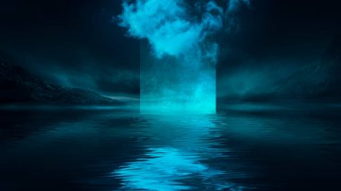 Soyut manzara ve adanın olduğu gelecekteki fantezi gece manzarası, ay ışığı, aydınlık, ay, neon. Suda ışık yansıması olan karanlık doğal bir sahne. Neon uzay galaksisi portalı. 3B illüstrasyon. 