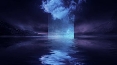 Soyut manzara ve adanın olduğu gelecekteki fantezi gece manzarası, ay ışığı, aydınlık, ay, neon. Suda ışık yansıması olan karanlık doğal bir sahne. Neon uzay galaksisi portalı. 3B illüstrasyon. 