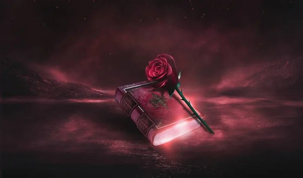 Fantezi sihirli kırmızı arka plan, gece manzarası, kırmızı gül ve eski kitap. Bokeh kalpli klasik aşk kitabı. Duman, duman, suyun üzerindeki kırmızı neon yansıma. Sihir, falcılık. Üç Boyut. 