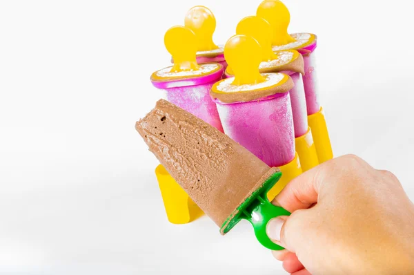 Chocolate popsicle in multiple collor boxes — Stock Photo, Image