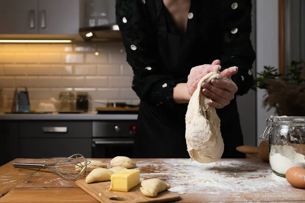 Young Beautiful Woman Kneading Dough Wooden Table Kitchen Housewife Hobbies — Stock Photo, Image