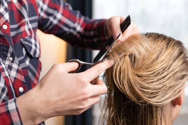 Hairdresser Cutting Blonde Womens Dry Hair Ends Home Salon — Stock Photo, Image