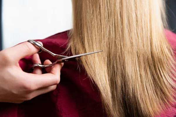 Closeup Blonde Women Willing Cut Shorter Hair Hairdresser Scissors Starting — Stock Photo, Image