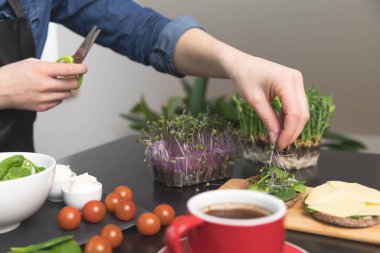 Kadınlar taze tahıllı ekmeği mikroyeşillik salatasıyla hazırlıyorlar. Evde yetişen süper yiyecekler sağlıklı yeme konsepti.