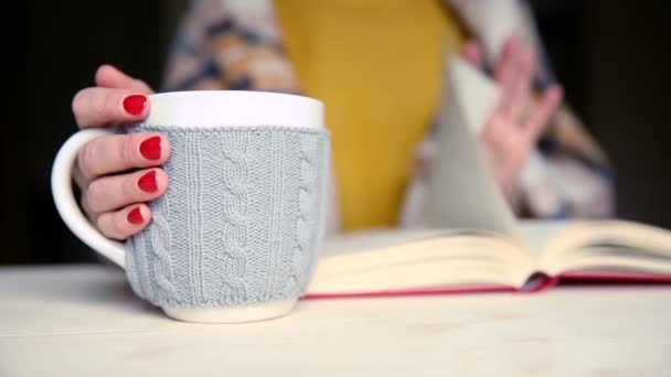 Mooie Vrouwen Lezen Een Boek Drinken Koffie Met Sjaal Gezellig — Stockvideo