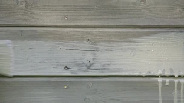 Ręka Człowieka Malowanie Drewniany Dom Ściana Zewnętrzna Pędzlem Drewna Ochrony — Wideo stockowe