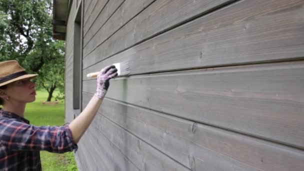 Kobieta Pracownik Malowanie Drewniany Dom Ściana Zewnętrzna Pędzlem Drewna Ochrony — Wideo stockowe