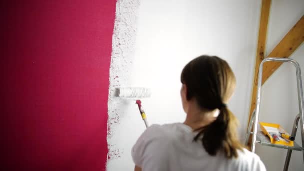 Poprawa Domu Piękna Kobieta Malowanie Ściany Rolki Farby — Wideo stockowe