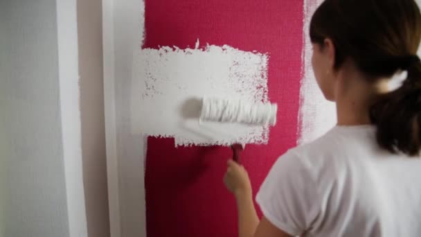 Mejora Del Hogar Hermosa Pared Pintura Mujer Con Rodillo Pintura — Vídeo de stock