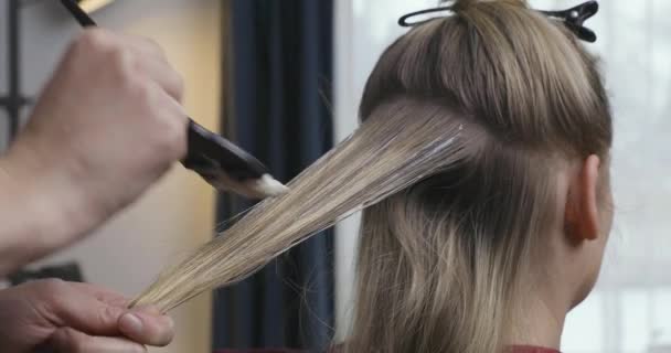 Femmes Colorier Les Cheveux Une Femme Blonde Maison Avec Pinceau — Video