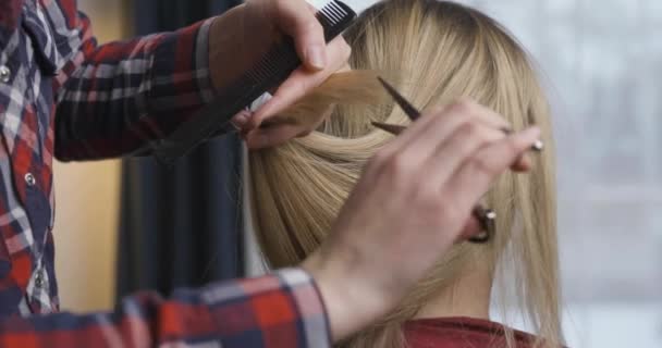Coiffeur Coupe Blonde Femmes Cheveux Secs Termine Maison Salon — Video