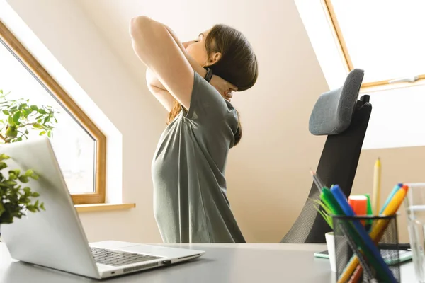 Beautiful Women Exercising Home Office Stretching Her Neck Healthy Living Royalty Free Stock Images