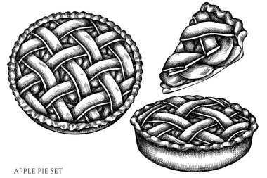 Vector set of hand drawn black and white apple pie clipart