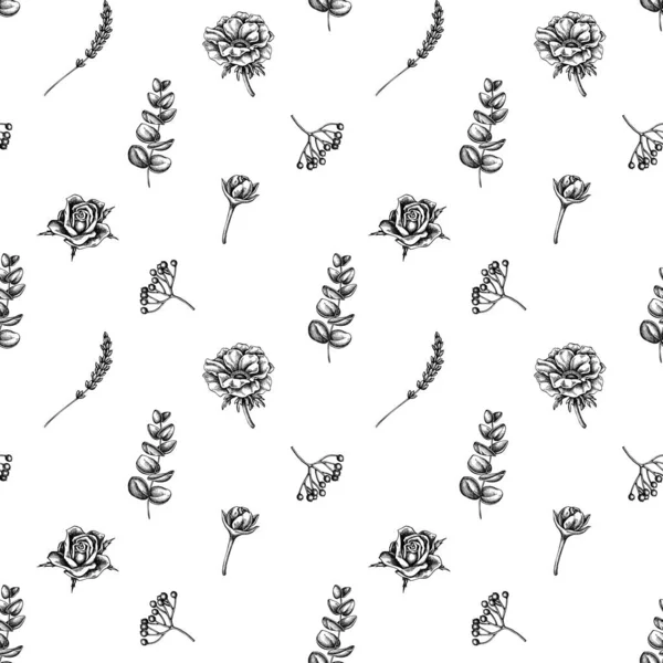 Бесшовный рисунок с черно-белыми розами, анемоном, эвкалиптом, лавандой, пионом, вибурнумом — стоковый вектор