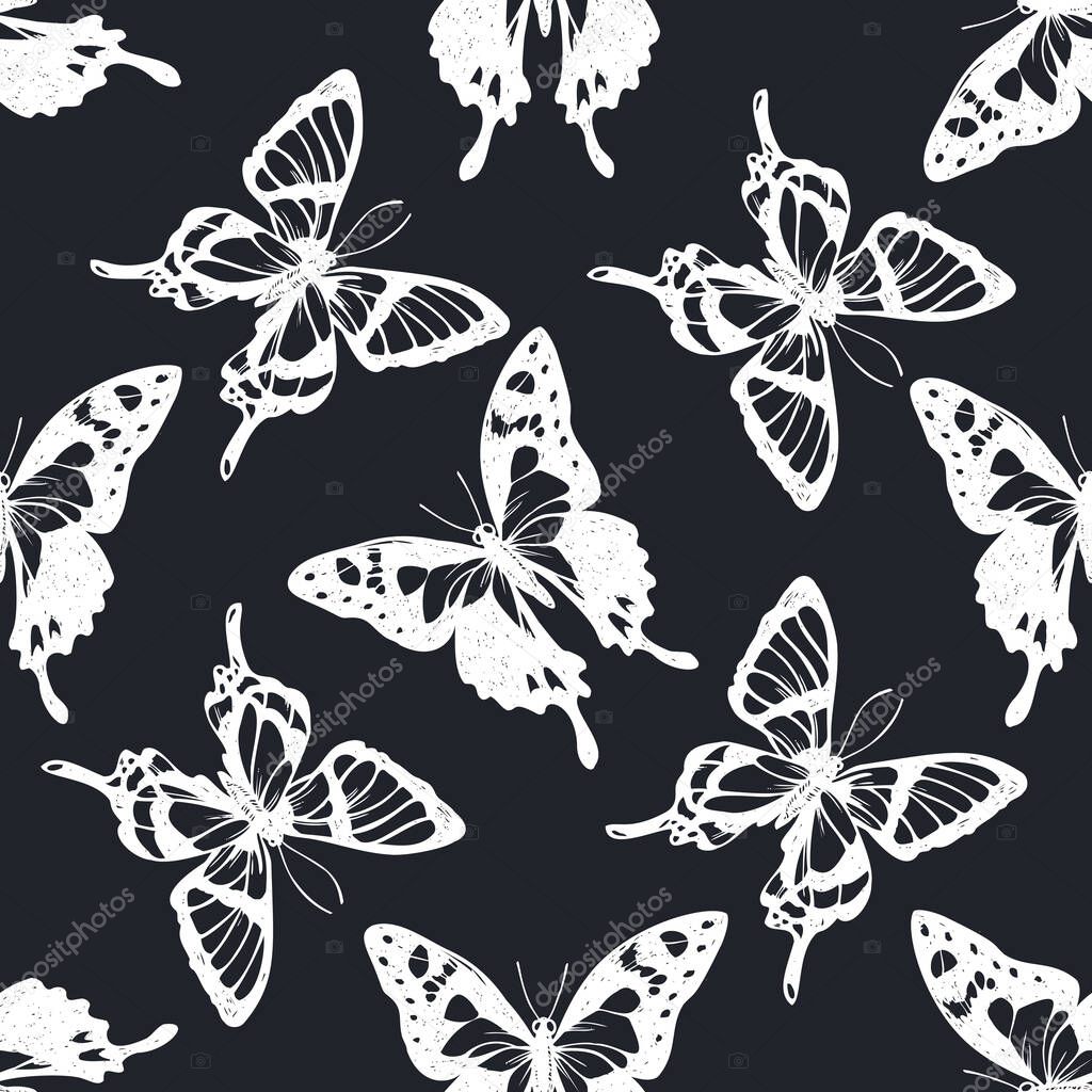 Seamless pattern with hand drawn chalk purple spotted swallowtail, octauius swordtail