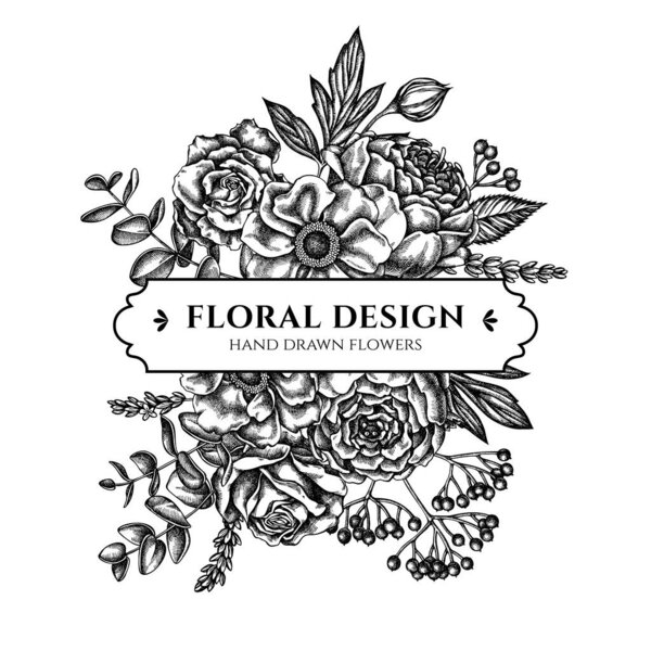 Floral bouquet design with black and white roses, anemone, eucalyptus, lavender, peony, viburnum