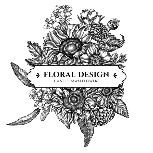 Floral bouquet design with black and white poppy flower, gerbera, sunflower, milkweed, dahlia, veronica
