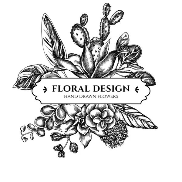 Siyah beyaz çiçekli buket tasarımı, iresine, kalanchoe, calathea, guzmania, kaktüs — Stok Vektör