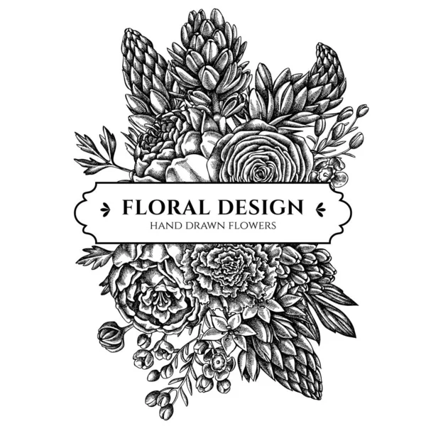 Diseño de ramo floral con peonía blanca y negra, clavel, ranúnculo, flor de cera, ornitogalo, jacinto — Vector de stock