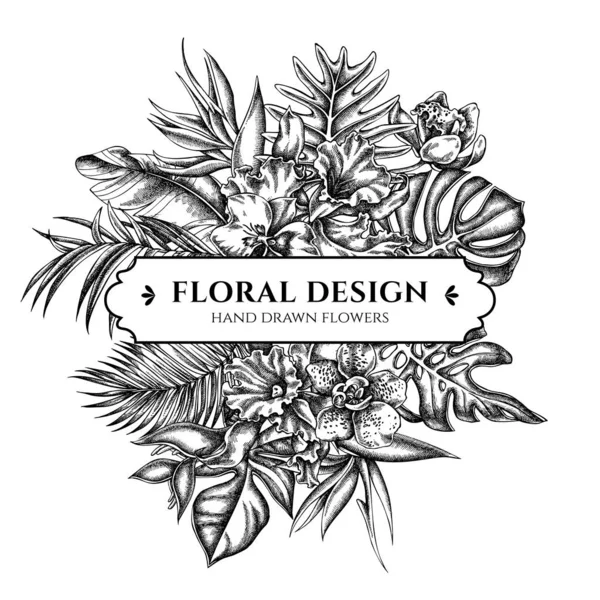 Diseño de ramo floral con monstera blanco y negro, hojas de palma de plátano, strelitzia, heliconia, hojas de palma tropical, orquídea — Vector de stock