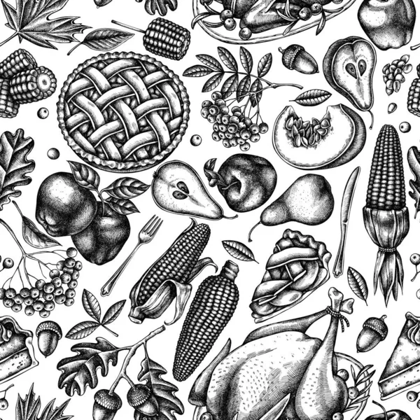 Naadloos patroon met zwart-wit pompoen, vork, mes, peren, kalkoen, pompoentaart, appeltaart, maïs, appels, rowan, esdoorn, eik — Stockvector