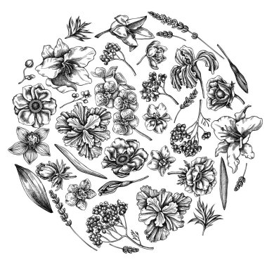 Round floral design with black and white anemone, lavender, rosemary everlasting, phalaenopsis, lily, iris clipart