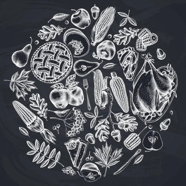 Rond ontwerp met krijtpompoen, vork, mes, peren, kalkoen, pompoentaart, appeltaart, maïs, appels, rowan, esdoorn, eik — Stockvector