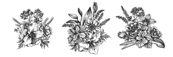 Buquê de flores de anêmona preta e branca, lavanda, alecrim eterno, falaenopsis, lírio, íris — Vetor de Stock