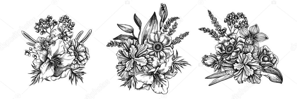 Flower bouquet of black and white anemone, lavender, rosemary everlasting, phalaenopsis, lily, iris