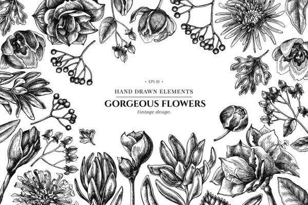 Цветочный дизайн с черно-белым viburnum, hypericum, tulip, aster, leucadendron, amaryllis — стоковый вектор