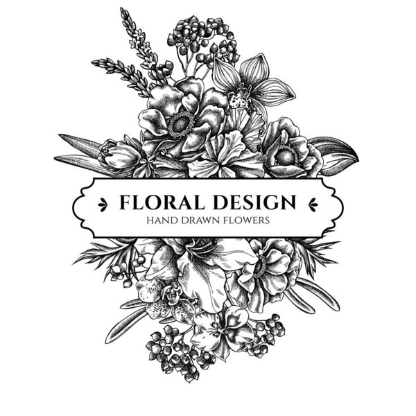 Floral bouquet design with black and white anemone, lavender, rosemary everlasting, phalaenopsis, lily, iris