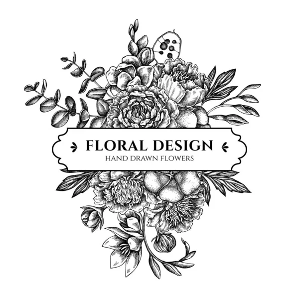 Blommig bukett design med svart och vitt fikus, eukalyptus, pion, bomull, freesia, brunia — Stock vektor