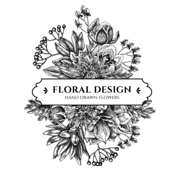 Floral bouquet design with black and white viburnum, hypericum, tulip, aster, leucadendron, amaryllis