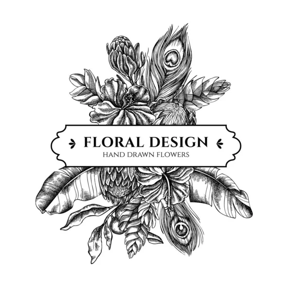 Diseño de ramo floral con hojas de palmera de plátano blanco y negro, hibisco, solano, bromelias, plumas de pavo real, protea — Vector de stock